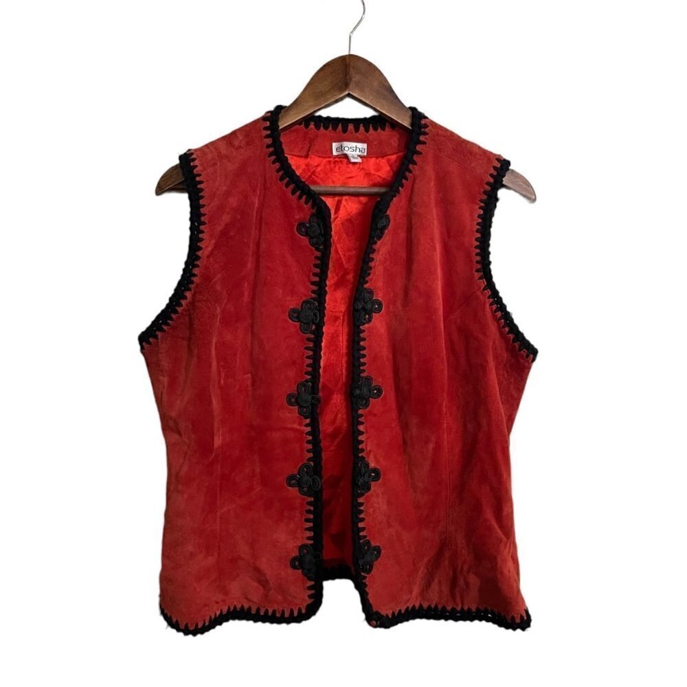 Vintage Etosha Womens Red Whip Stitch Suede Leather Asian Inspired Vest Large